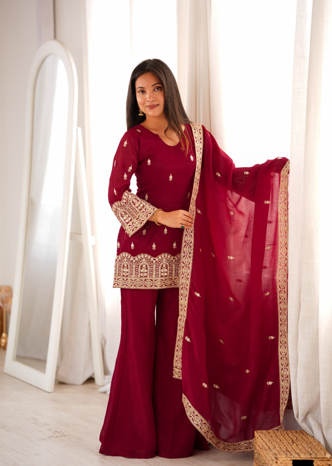 Royal Crimson Embroidered Kurta Palazzo Set with Premium Dupatta