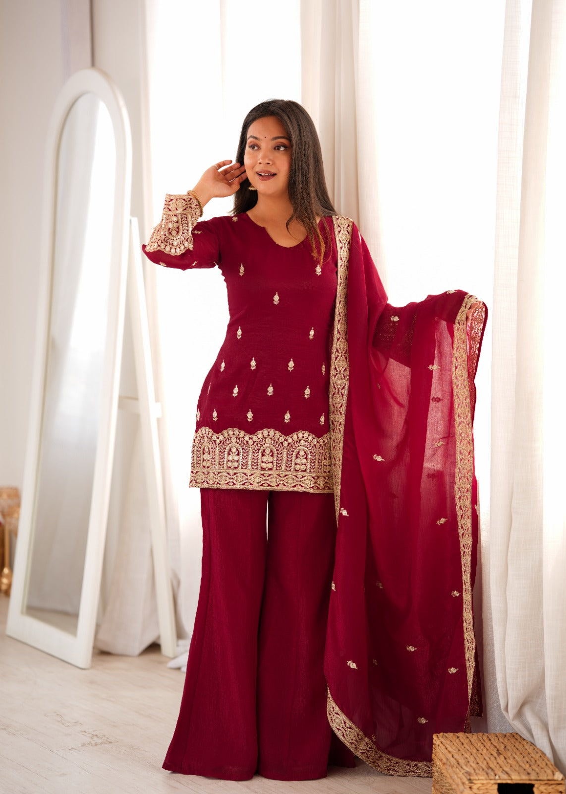 Royal Crimson Embroidered Kurta Palazzo Set with Premium Dupatta