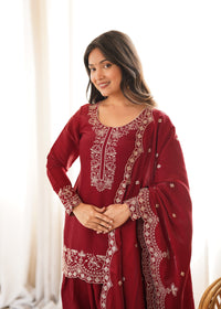 Royal Ruby Embroidered Kurta Set with Farshi Shalwar & Premium Dupatta