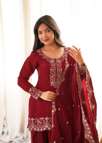 Royal Ruby Embroidered Kurta Set with Farshi Shalwar & Premium Dupatta