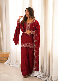 Royal Ruby Embroidered Kurta Set with Farshi Shalwar & Premium Dupatta