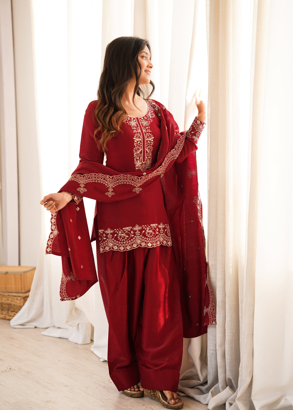 Royal Ruby Embroidered Kurta Set with Farshi Shalwar & Premium Dupatta