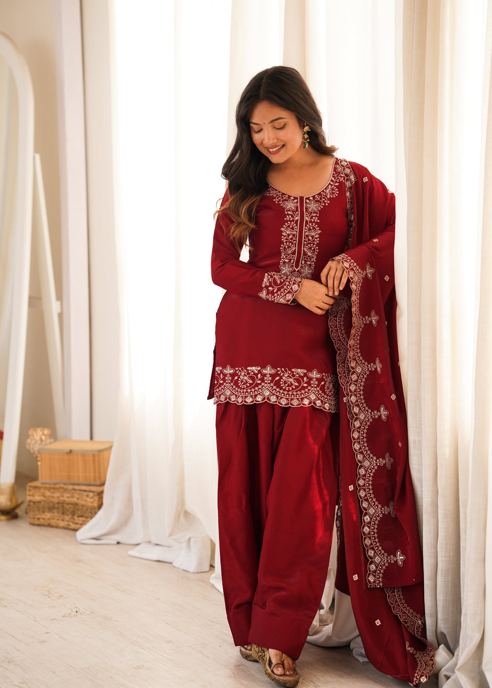 Royal Ruby Embroidered Kurta Set with Farshi Shalwar & Premium Dupatta