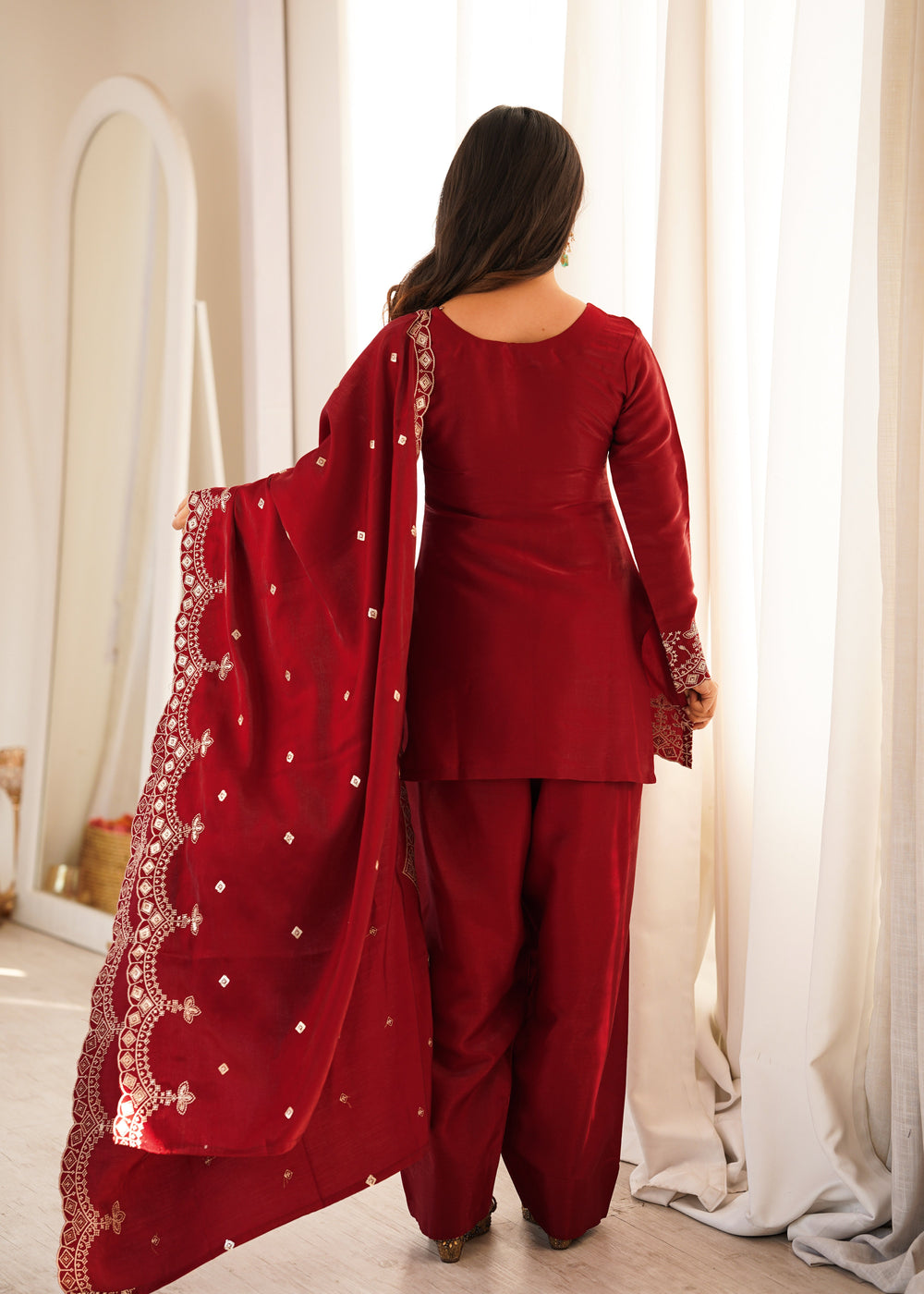 Royal Ruby Embroidered Kurta Set with Farshi Shalwar & Premium Dupatta