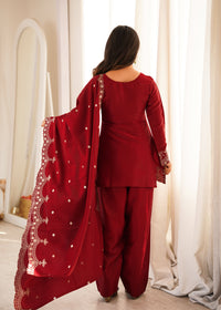 Royal Ruby Embroidered Kurta Set with Farshi Shalwar & Premium Dupatta