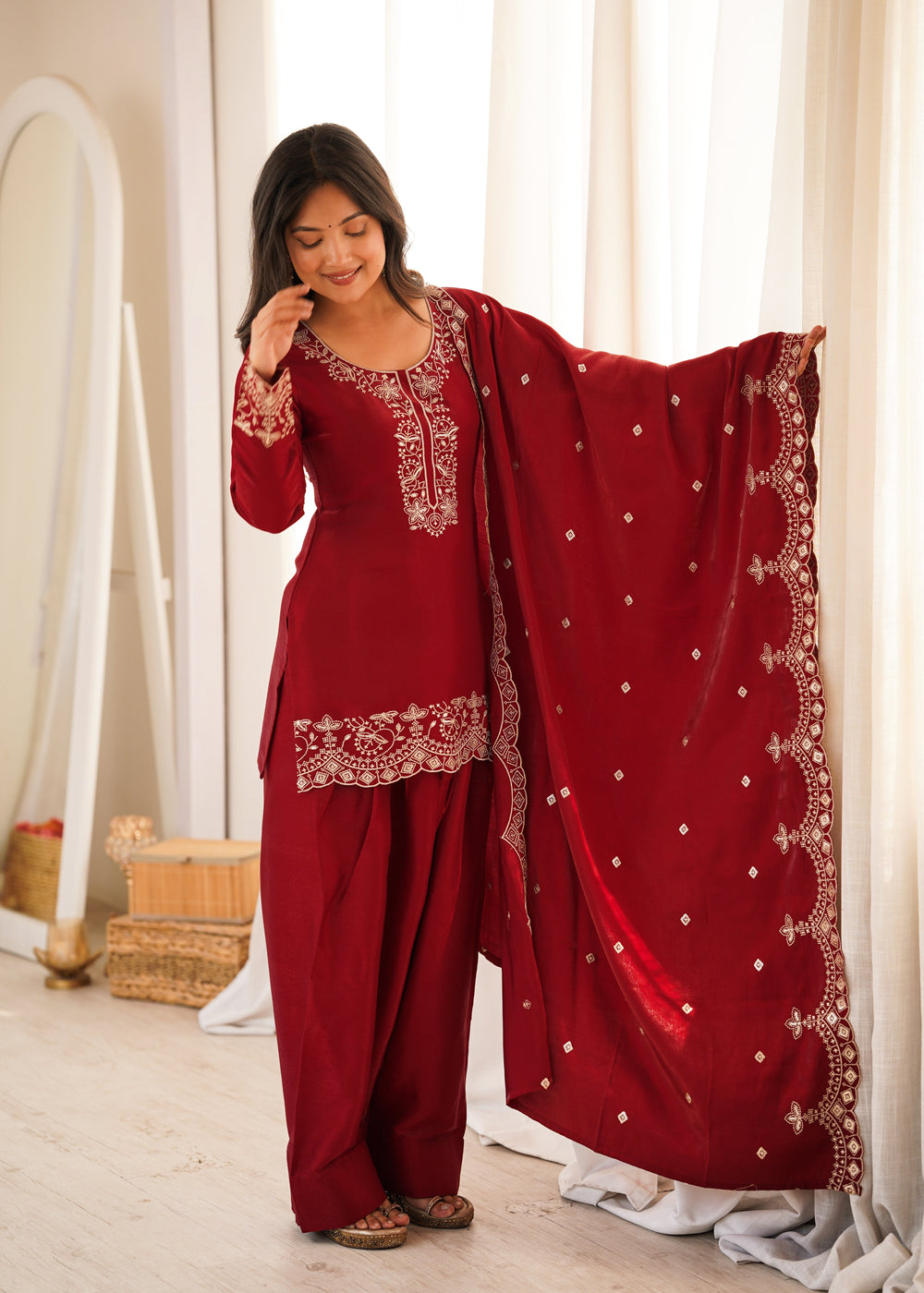 Royal Ruby Embroidered Kurta Set with Farshi Shalwar & Premium Dupatta