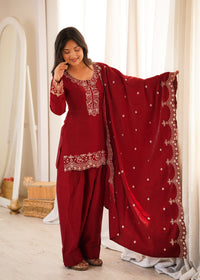 Royal Ruby Embroidered Kurta Set with Farshi Shalwar & Premium Dupatta
