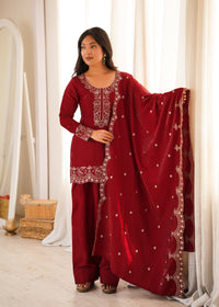 Royal Ruby Embroidered Kurta Set with Farshi Shalwar & Premium Dupatta