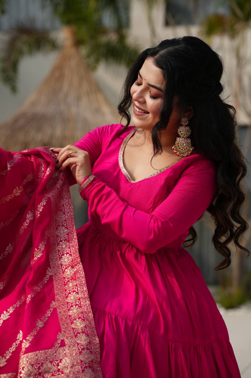 Aarvika Premium Roman Silk Chanderi Anarkali Gown Set