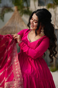 Aarvika Premium Roman Silk Chanderi Anarkali Gown Set