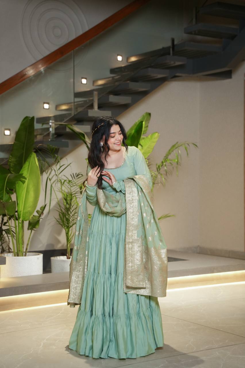 Saanira Premium Roman Silk Chanderi Anarkali Gown Set