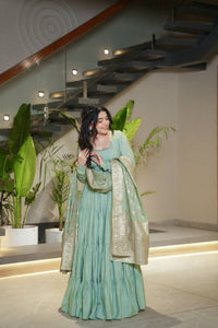 Saanira Premium Roman Silk Chanderi Anarkali Gown Set