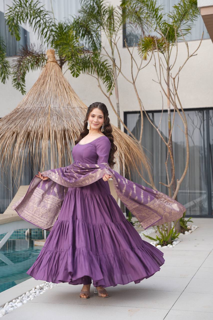 Rehira Premium Roman Silk Chanderi Anarkali Gown Set