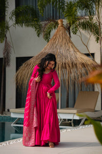 Aarvika Premium Roman Silk Chanderi Anarkali Gown Set