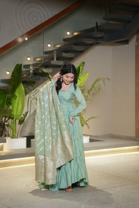 Saanira Premium Roman Silk Chanderi Anarkali Gown Set