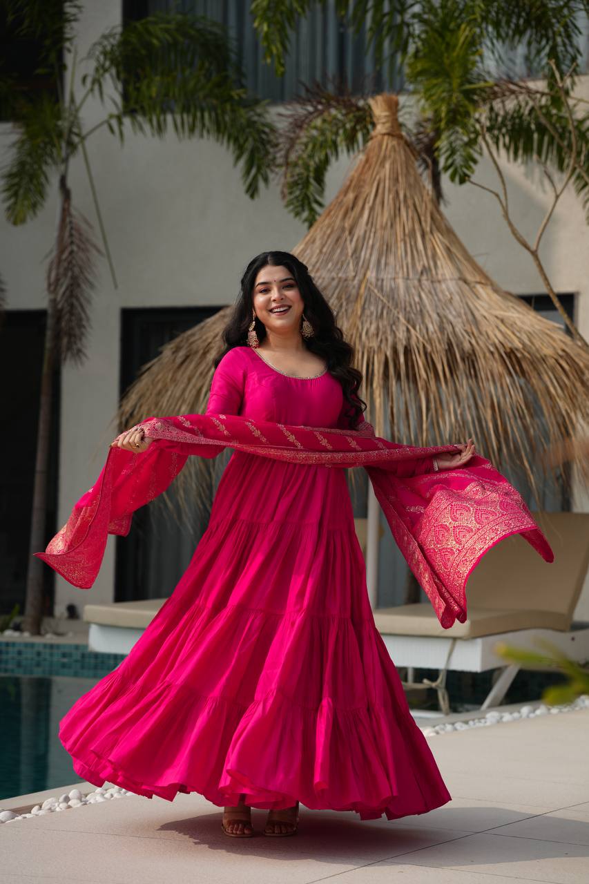 Aarvika Premium Roman Silk Chanderi Anarkali Gown Set
