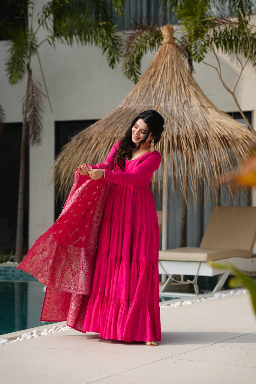 Aarvika Premium Roman Silk Chanderi Anarkali Gown Set