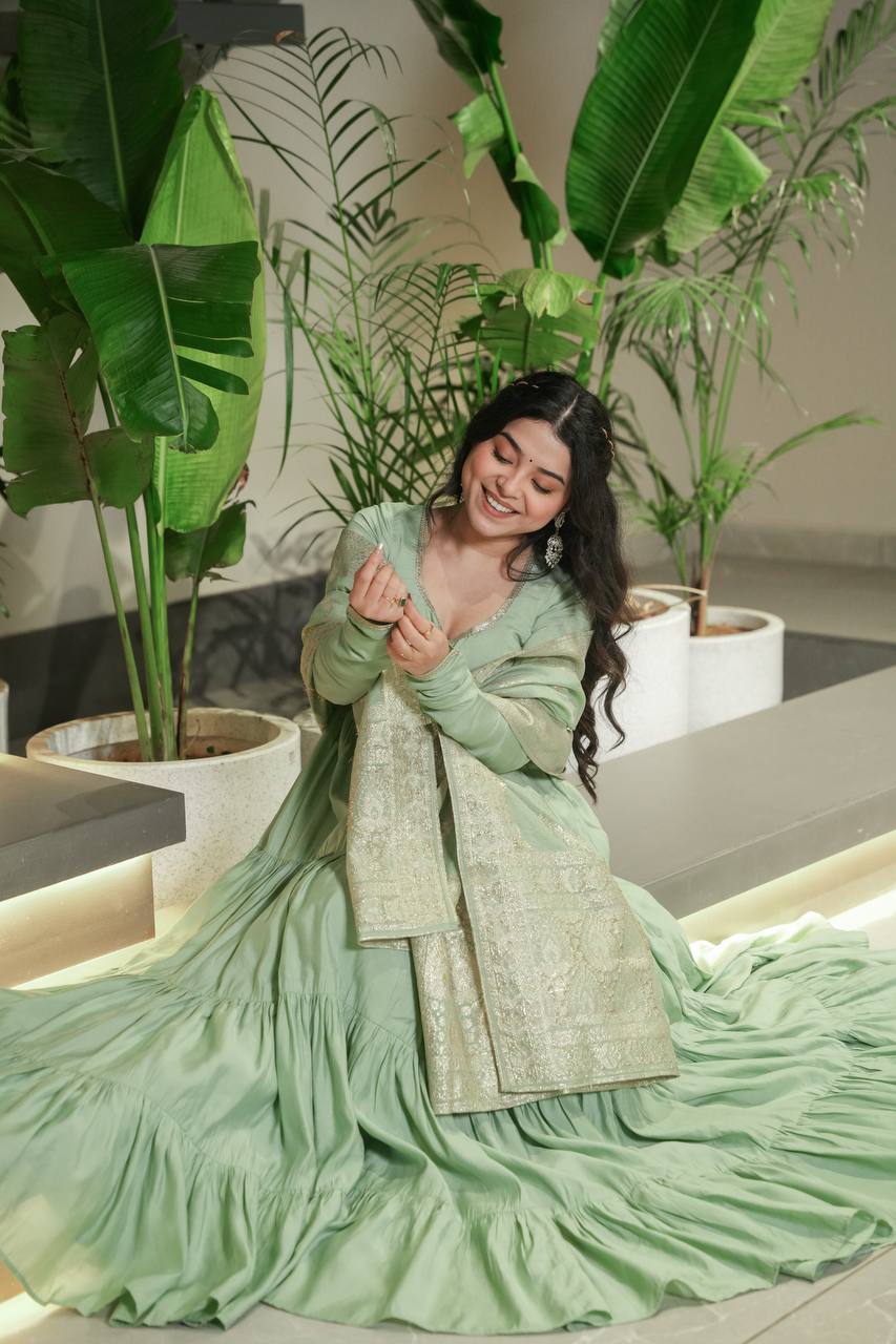 Saanira Premium Roman Silk Chanderi Anarkali Gown Set