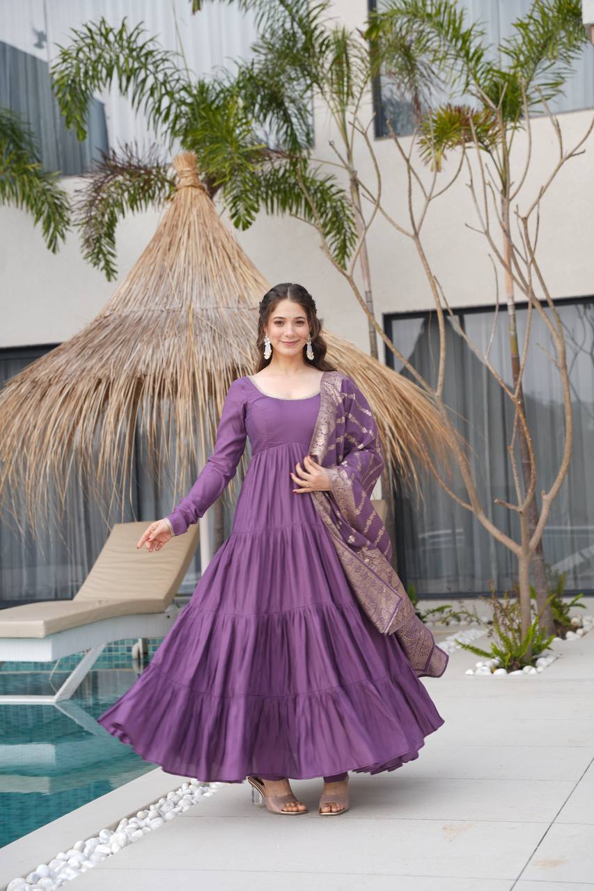 Rehira Premium Roman Silk Chanderi Anarkali Gown Set