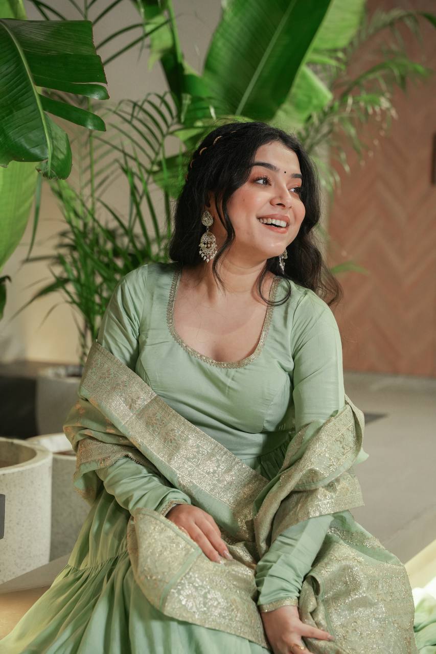 Saanira Premium Roman Silk Chanderi Anarkali Gown Set