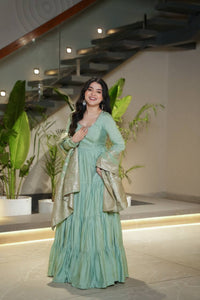 Saanira Premium Roman Silk Chanderi Anarkali Gown Set