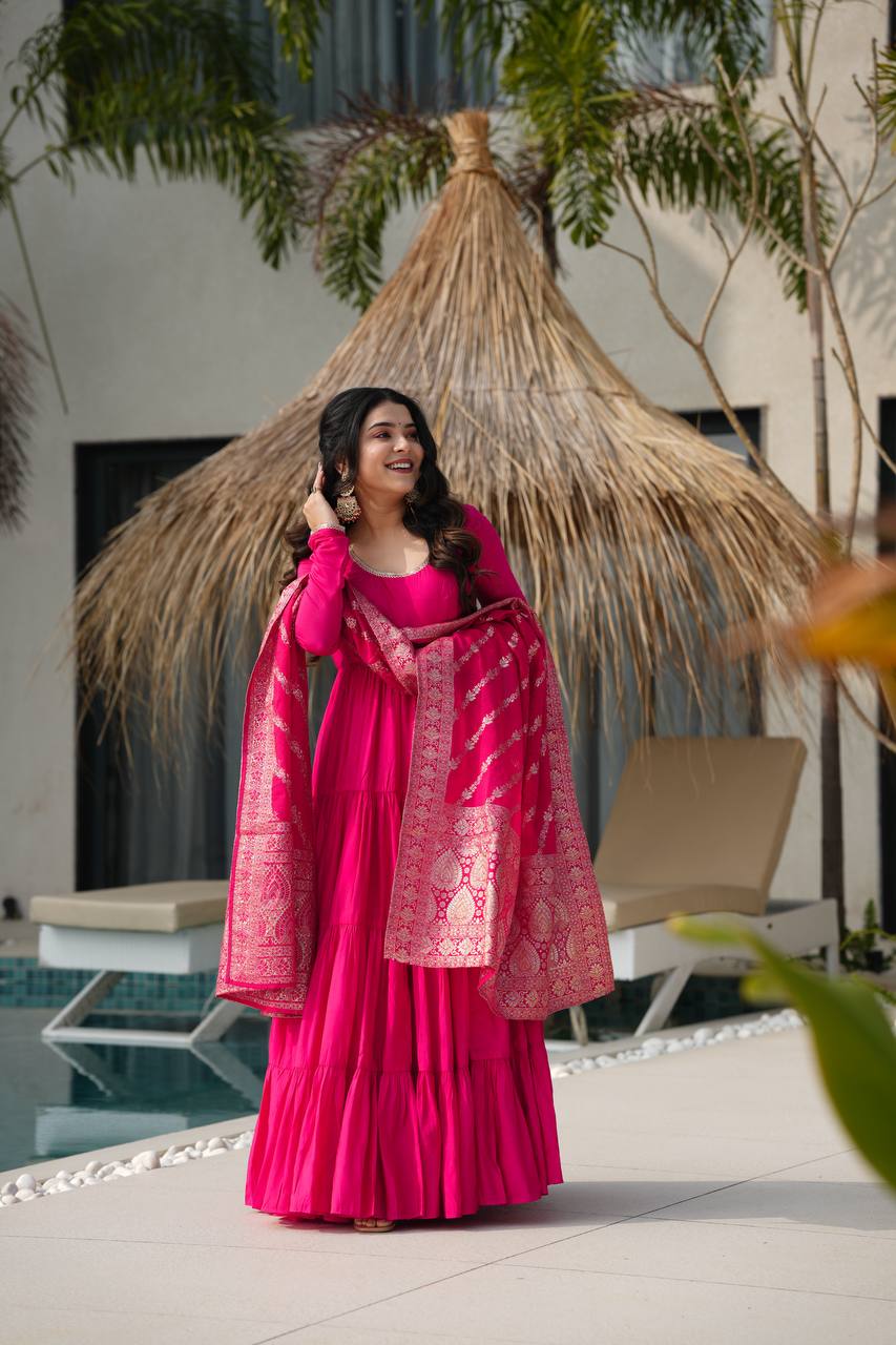 Aarvika Premium Roman Silk Chanderi Anarkali Gown Set