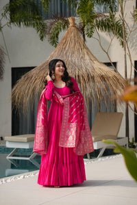 Aarvika Premium Roman Silk Chanderi Anarkali Gown Set