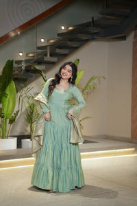 Saanira Premium Roman Silk Chanderi Anarkali Gown Set