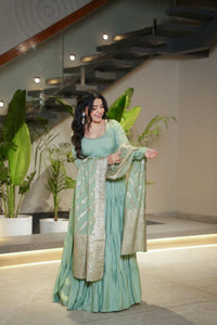 Saanira Premium Roman Silk Chanderi Anarkali Gown Set