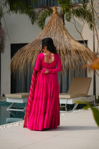 Aarvika Premium Roman Silk Chanderi Anarkali Gown Set