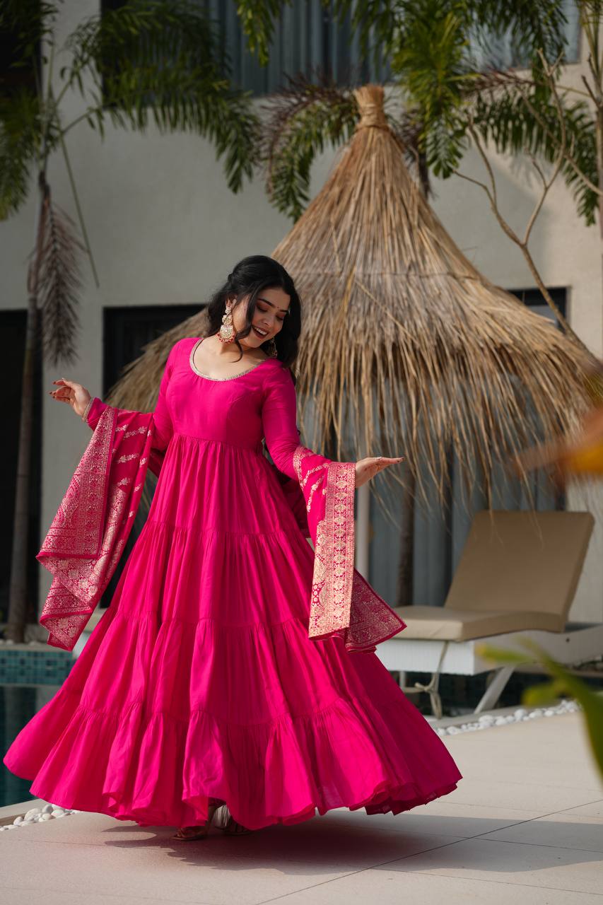 Aarvika Premium Roman Silk Chanderi Anarkali Gown Set