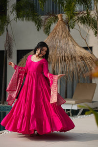 Aarvika Premium Roman Silk Chanderi Anarkali Gown Set