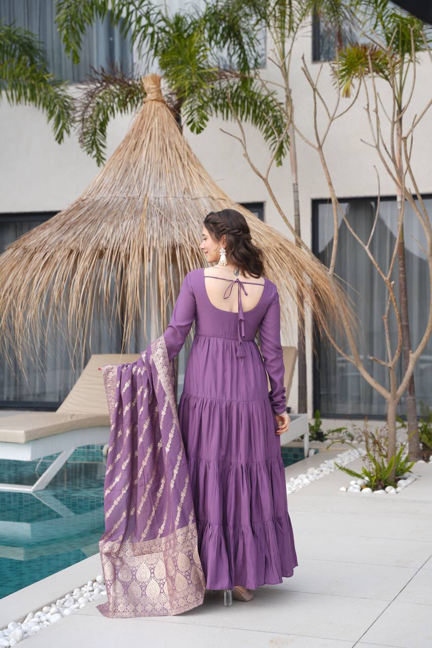 Rehira Premium Roman Silk Chanderi Anarkali Gown Set