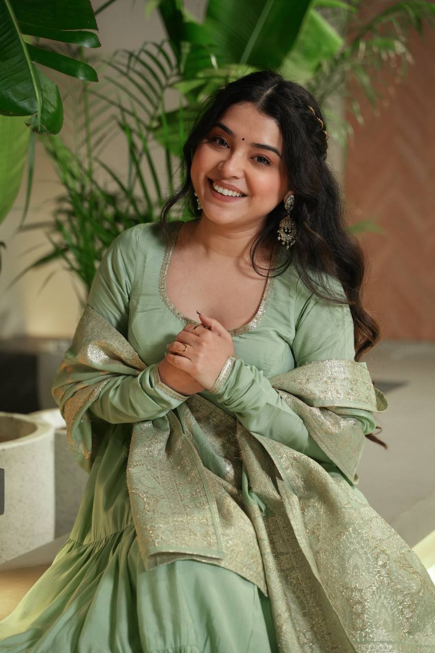 Saanira Premium Roman Silk Chanderi Anarkali Gown Set