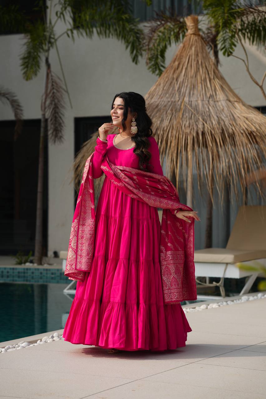Aarvika Premium Roman Silk Chanderi Anarkali Gown Set