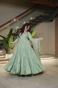 Saanira Premium Roman Silk Chanderi Anarkali Gown Set